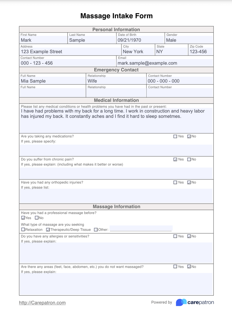 Massage Intake Form Template Free PDF Download